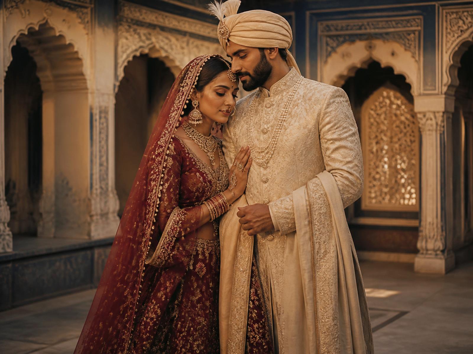 An elegant Indian couple in traditional wedding attire