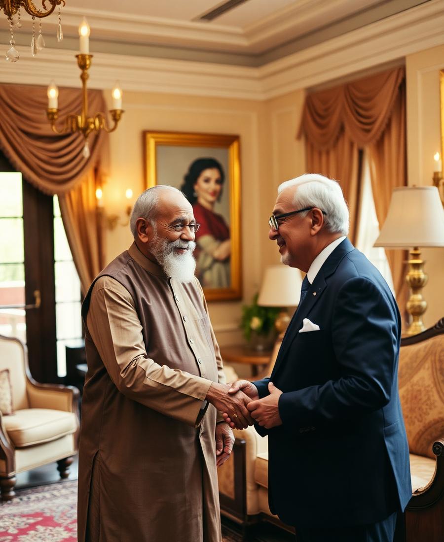 Two family elders greeting one another in a heritage drawing room